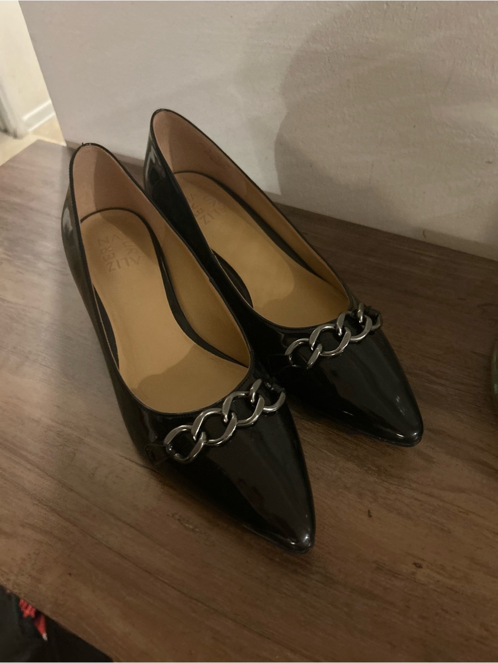 Naturalizer Black Patent Pointed-Toe Pumps with Silver Chain Accent
